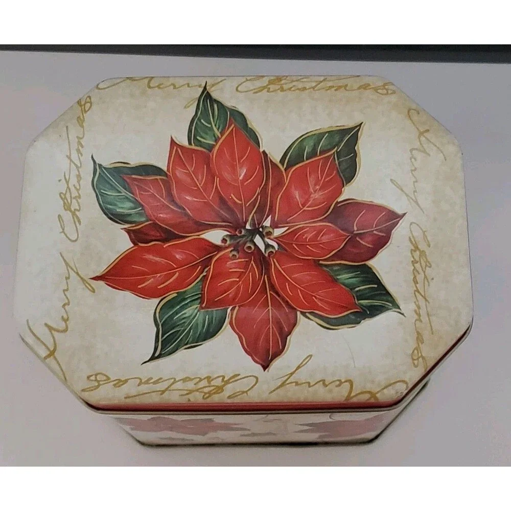 Octagon Christmas Tin Poinsettia Gift Small Metal Storage Box Clean Gold Inside